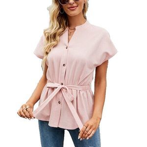 GYK Pink Notch-Neck Short Sleeve Button Up Top Size M